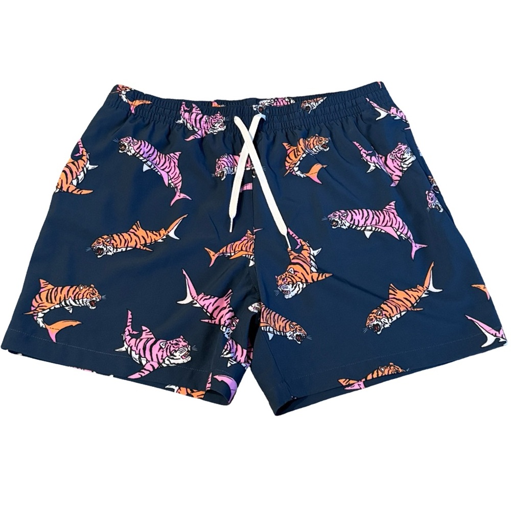 Chubbies Navy Swim Trunk with Orange & Pink Tiger-Shark Print